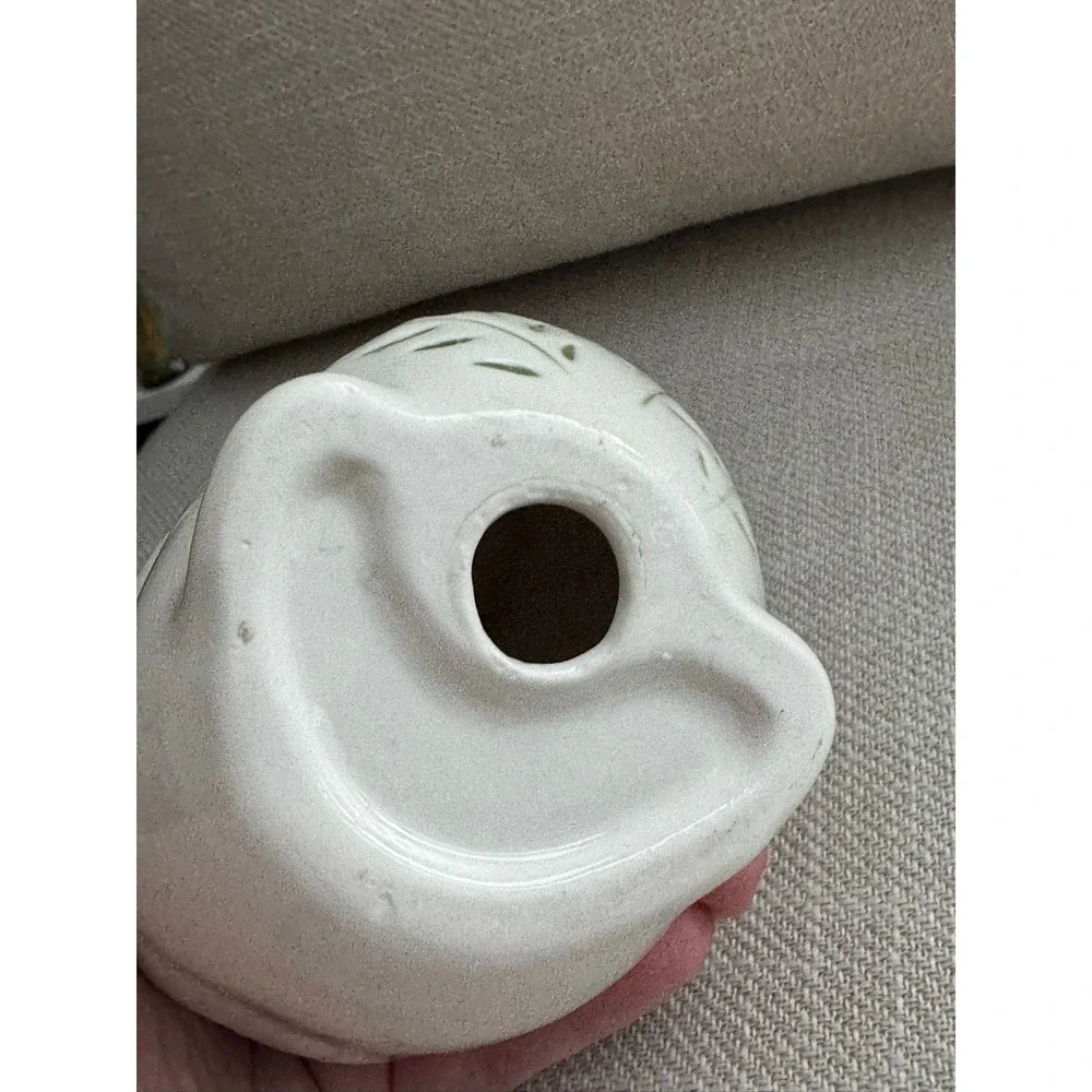 Ceramic Duck Figurine White Green Floral Embossed Cottagecore Decor 6 inch